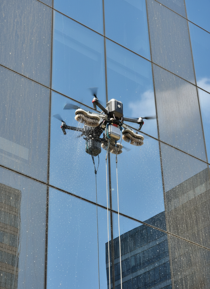 A specialized cleaning drone with a compact water spray module and rotating soft-bristle attachments hovers close to a tall glass building façade, actively washing away grime from a reflective window surface. Fine mist droplets catch the light as they disperse, and a freshly cleaned vertical strip of glass contrasts clearly against the still-dirty sections. Midday neutral sunlight produces realistic reflections of the sky and surrounding architecture in the glass while gently illuminating the drone’s detailed housing, hoses, and nozzles. Photographic realism, framed from a slightly low angle with the drone near the center and the towering façade stretching upward, creating a sense of height and capability. The mood is innovative and solution-oriented, emphasizing safe, modern façade cleaning technology.