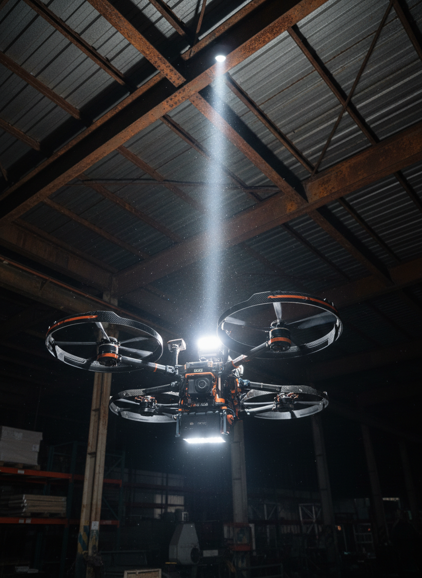 A robust inspection drone with protective propeller guards and a bright modular spotlight system hovers inside a dim, cavernous industrial warehouse, illuminating a high metal truss and corrugated roof for structural inspection. The focused LED beam reveals rust, bolts, and welds on the metal framework, while the surrounding space falls into deep, atmospheric shadow. Photographic realism with dramatic, high-contrast lighting, captured from below and slightly behind the drone so the light cone is clearly visible reaching up to the structure. Dust particles drift through the air within the beam, adding texture. The composition uses strong diagonal lines from the beams and the drone’s orientation, creating a dynamic yet highly professional, technical atmosphere suited to confined-space inspection.