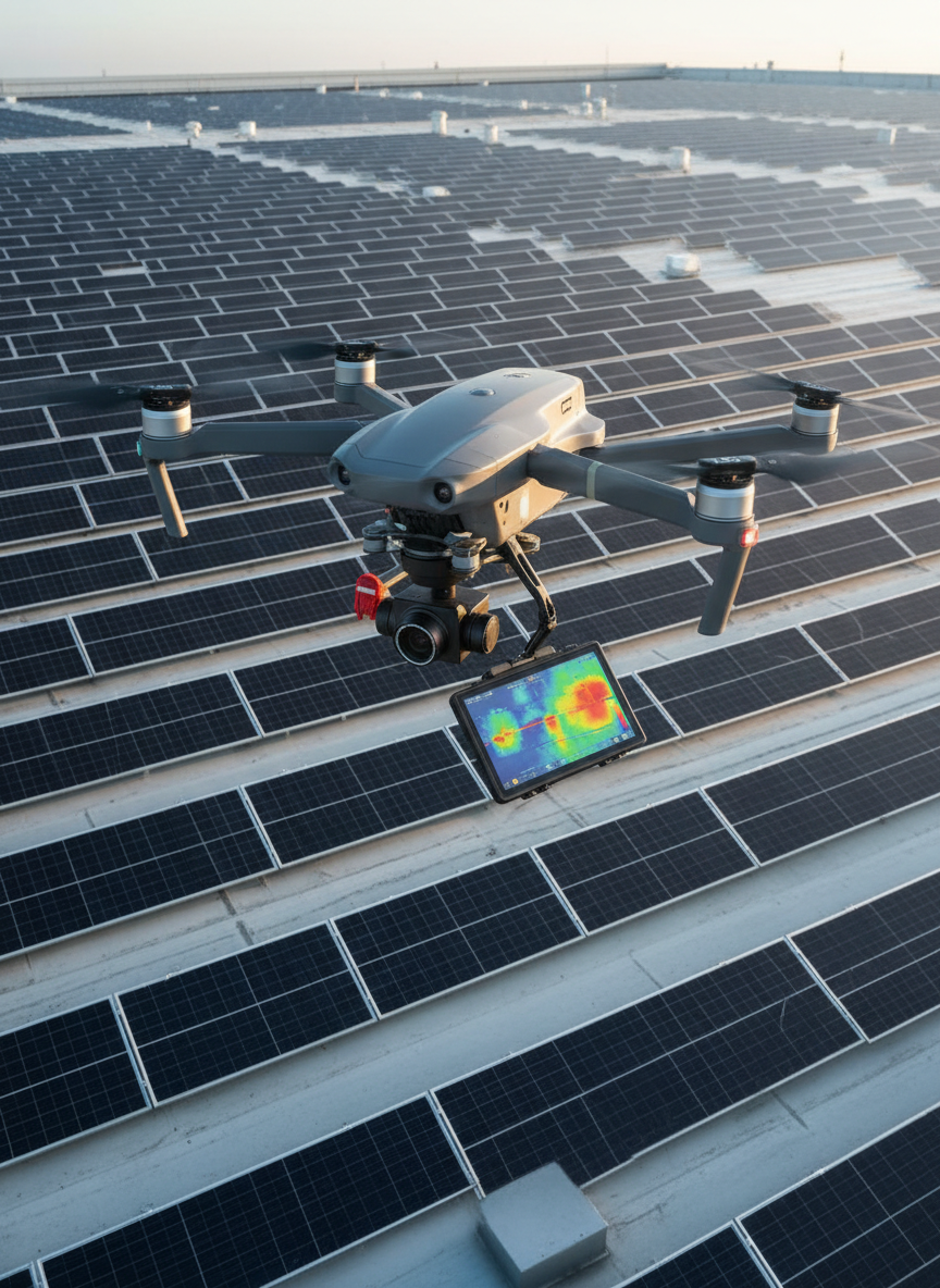 A compact industrial drone equipped with a thermal imaging camera and high-resolution RGB camera hovers a few meters above a large rooftop covered in neatly arranged photovoltaic solar panels. On the drone’s small monitor attached beneath the body, a vivid thermal image of the panels is visible, with clear color variations indicating temperature differences. Early morning sunlight casts a clean, cool light, producing crisp reflections on the solar glass and gentle shadows between panel rows. Photographic realism, shot from a bird’s-eye perspective slightly behind and above the drone, so both the machine and the vast solar field are visible. The mood is clean, efficient, and data-driven, illustrating precise technical inspection for energy efficiency and maintenance planning.
