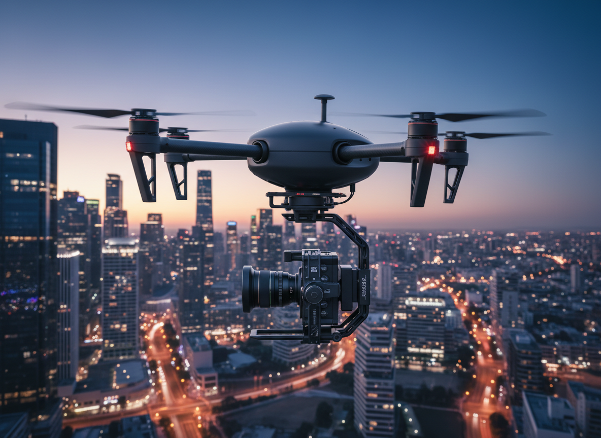 A high-end cinema drone with a large mounted camera and matte black, low-reflection body flies smoothly above a modern cityscape at blue hour, recording an elegant cinematic tracking shot of illuminated buildings and reflective glass facades. The sky transitions from deep blue at the top to warm orange near the horizon, with city lights beginning to shimmer below. Soft, realistic ambient light and scattered reflections play across the drone’s body and lens housing. Photographic realism, captured from a side profile at eye level with the drone, using a wide aspect ratio that feels like a movie frame. The drone is in perfect focus while the city below has a subtle motion blur, suggesting graceful movement and a polished, professional audiovisual production atmosphere.
